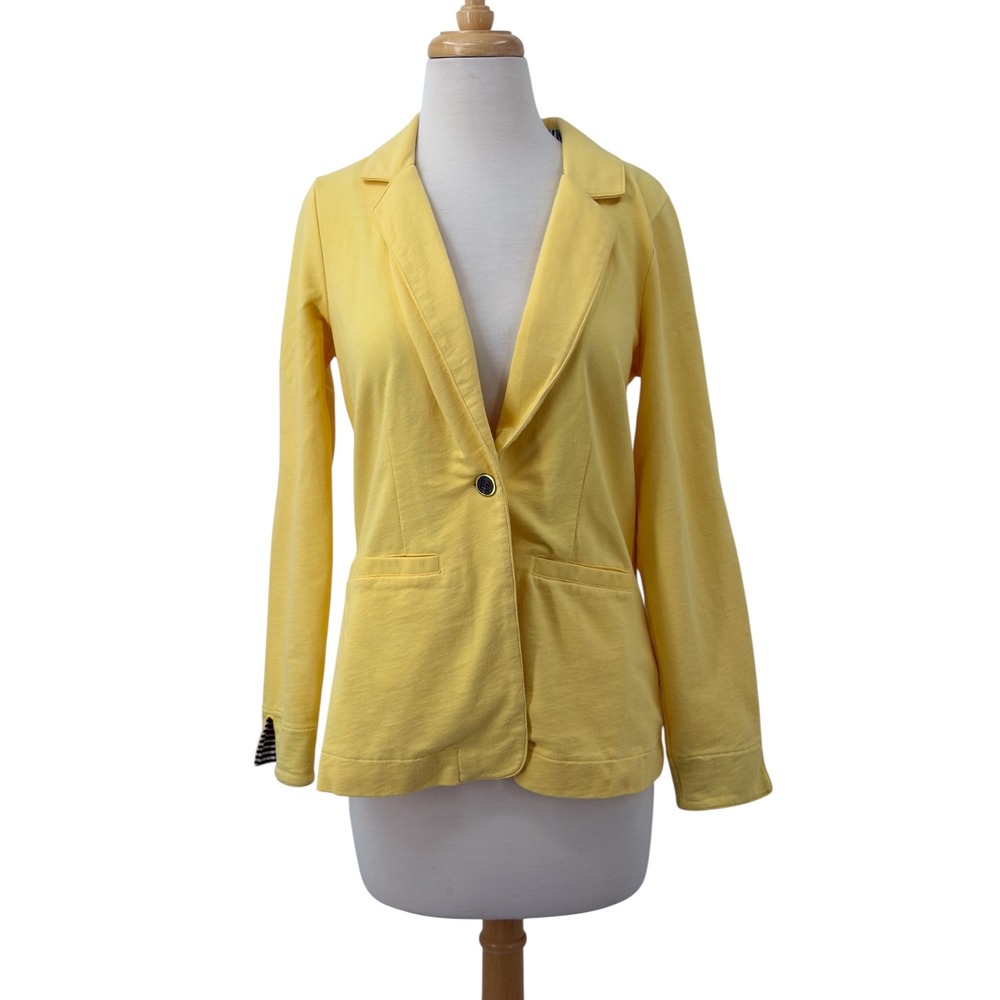 Liz Claiborne New York Womens Yellow Knit Blazer Jacket Striped Single Button XS